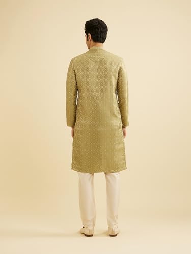 Manyavar men's green brocade self-design kurta set with matching pajama, traditional ethnic attire for men.