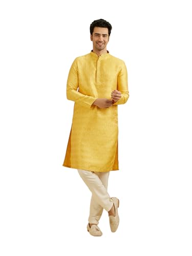 Manyavar Men's Brocade Floral Buta Motifs Kurta Set (Mustard,M)