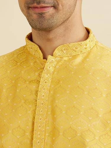 Manyavar Men's Brocade Floral Buta Motifs Kurta Set (Mustard,M)