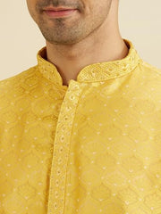 Manyavar Men's Brocade Floral Buta Motifs Kurta Set (Mustard,M)