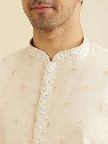 Manyavar Men's Art Silk Self Design Kurta Set (Cream,XXXL)