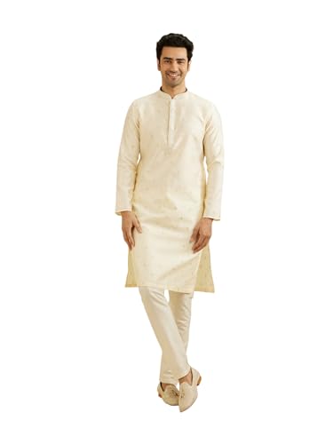 Manyavar Men's Art Silk Self Design Kurta Set (Cream,XXXL)