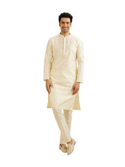 Manyavar Men's Art Silk Self Design Kurta Set (Cream,XXXL)