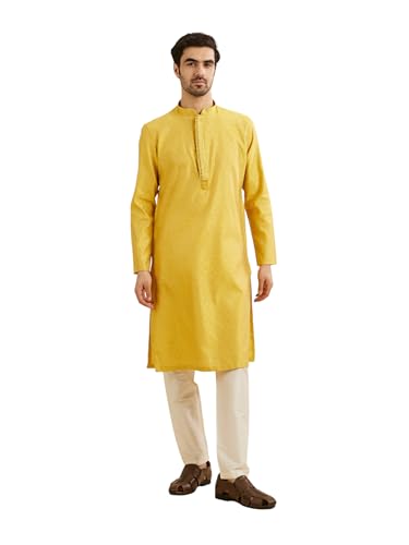 Manyavar Men's Art Silk Embroidered Kurta Pyjama Set (Mustard,M)