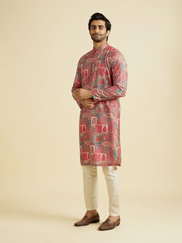 Manyavar men's coral cotton blend printed kurta pyjama set, XXL size, traditional ethnic attire with intricate patterns