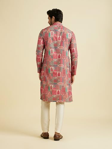 Manyavar men's coral cotton blend printed kurta and pajama set, traditional ethnic attire, XXL size, detailed fabric pattern visible.