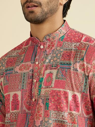 Manyavar men's coral cotton blend printed kurta pyjama set, XXL size, traditional ethnic attire for men.