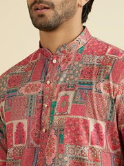 Manyavar men's coral cotton blend printed kurta pyjama set, XXL size, traditional ethnic attire for men.
