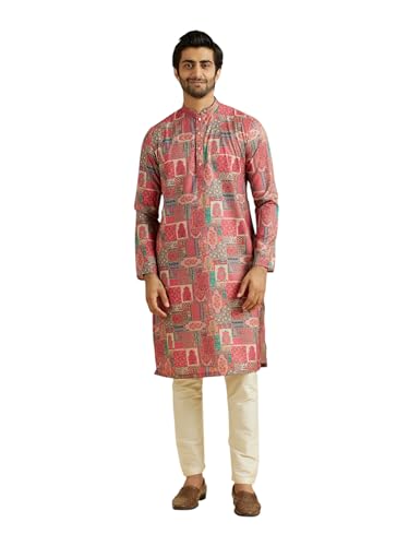 Manyavar men's coral cotton blend printed kurta and pyjama set, XXL size, traditional ethnic attire for men.
