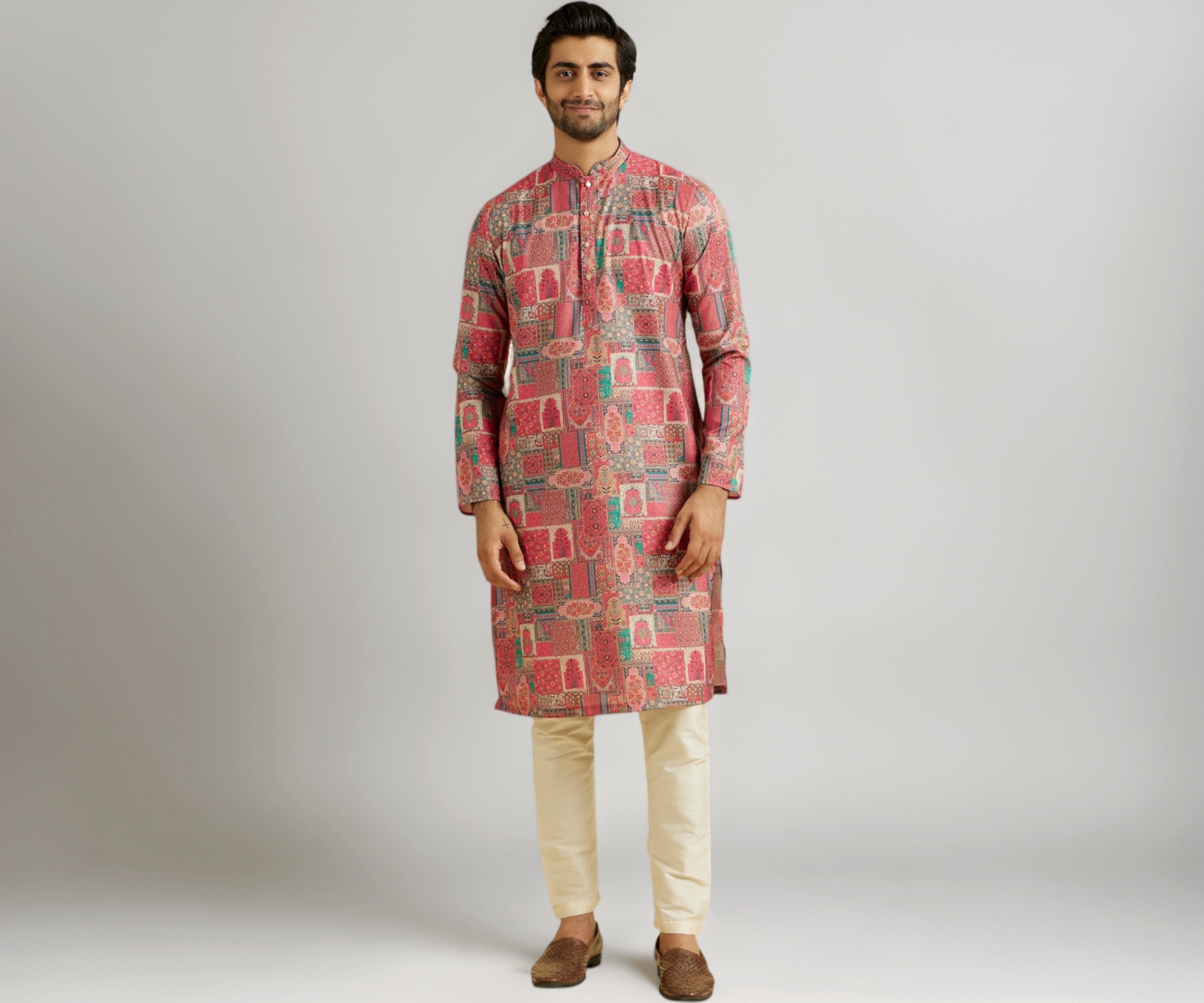 Manyavar Men's Cotton Blend Printed Kurta Pyjama Set (Coral,M)