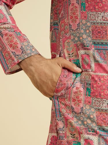 Manyavar Men's Cotton Blend Printed Kurta Pyjama Set (Coral,M)