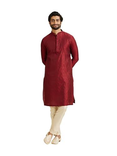 Manyavar Men's Viscose Blend Embroidery Stone Work Kurta Set (Maroon,XXXL)