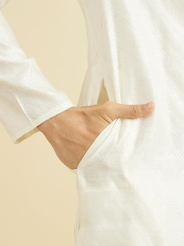 Manyavar Men's Viscose Blend Self Design Kurta Pyjama Set (Warm White,XXL)