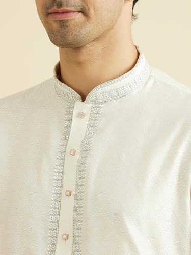 Manyavar Men's Viscose Blend Self Design Kurta Pyjama Set (Warm White,XXL)