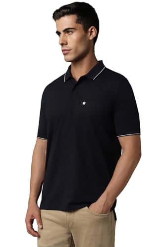 Louis Philippe men's black solid polo neck T-shirt, long-sleeve casual upper wear, displayed on a plain background