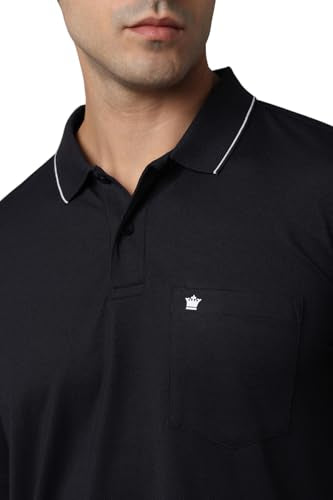 Louis Philippe men's black solid polo neck t-shirt, short sleeve, casual upper wear, displayed on a model.