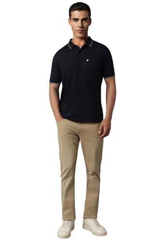 Louis Philippe men's black solid polo neck T-shirt, short sleeve upper garment, displayed flat on a white background.