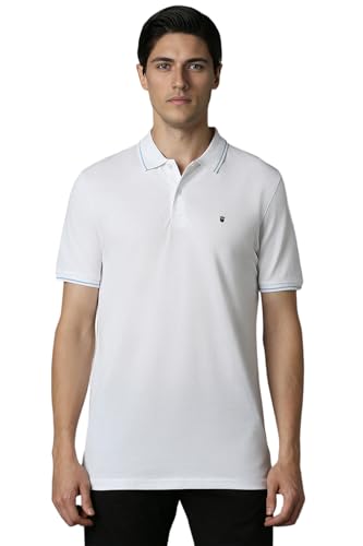 White Louis Philippe men's polo neck T-shirt, solid color, short sleeves, casual upper wear, on a plain background.