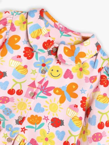 Pink girls' midi dress by Somer Sault featuring printed candy wrapper sleeve design, stylish and comfortable for young girls.