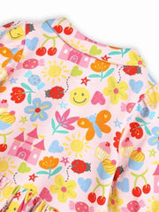 Pink girls' dress with printed candy wrapper sleeve design from Somersault, featuring a midi set by Somer Sault.