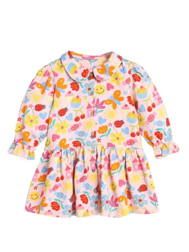 Pink girls' midi dress with printed candy wrapper sleeve design from Somersault, featuring a playful and colorful pattern.