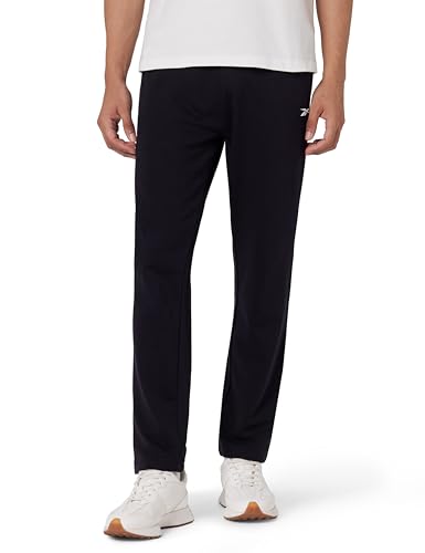 Reebok men's black Dash pants for sportswear and pajamas, shown in a relaxed fit with elastic waistband and sporty design.