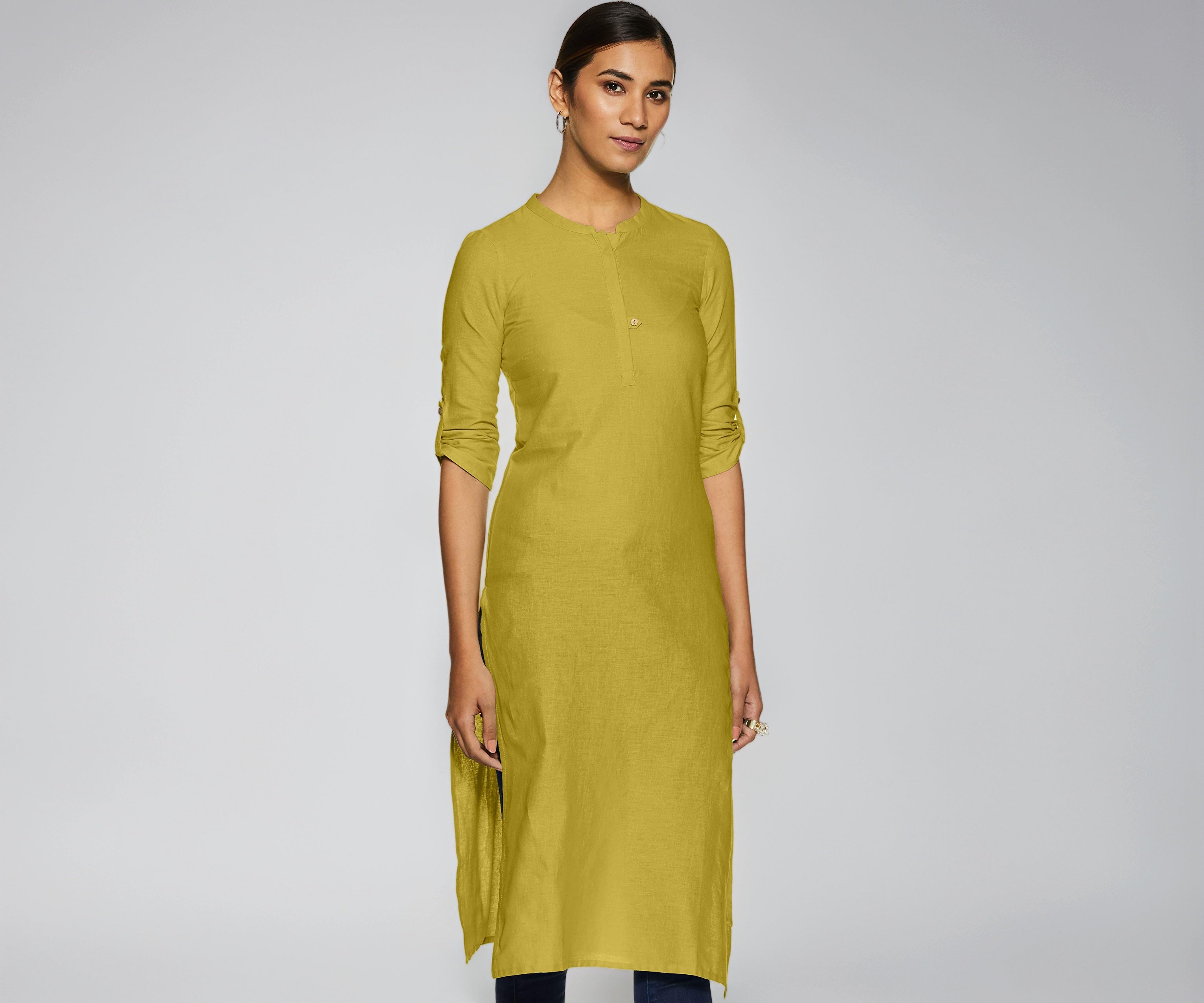 Aurelia Women's Cotton Plain Kurta (20FEA11444-601441_Yellow_Large)