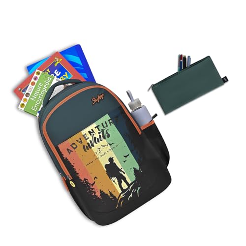 Skybags Klan 37L Adventure Dark Green Casual Backpack for Boys & Girls with 3 Compartments & Adjustable Shoulder Strap | Quick Access Front Pocket | Pencil Pouch | Perfect for School & Travel - Unisex
