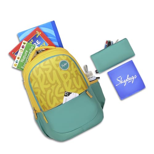 Skybags Klan Plus 37L Caligraphy Yellow Casual Backpack for Boys & Girls with 3 Compartments & Adjustable Shoulder Strap | Quick Access Front Pocket | Pencil Pouch | Perfect for School & Travel-Unisex