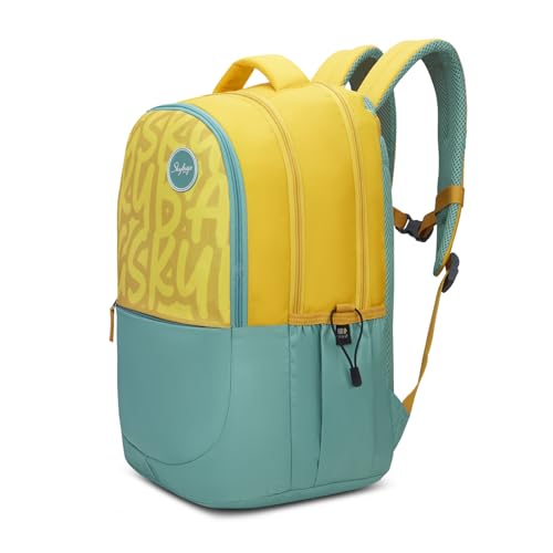 Skybags Klan Plus 37L Caligraphy Yellow Casual Backpack for Boys & Girls with 3 Compartments & Adjustable Shoulder Strap | Quick Access Front Pocket | Pencil Pouch | Perfect for School & Travel-Unisex