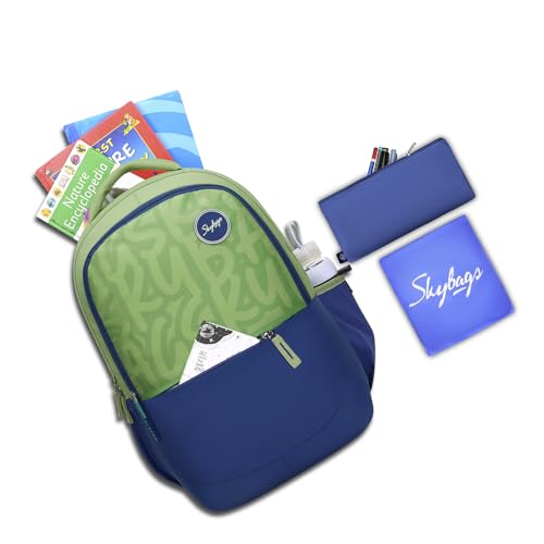 Skybags Klan Plus 37L Caligraphy Green Casual Backpack for Boys & Girls with 3 Compartments & Adjustable Shoulder Strap | Quick Access Front Pocket | Pencil Pouch | Perfect for School & Travel- Unisex