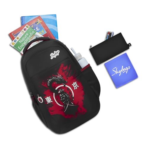 Skybags Kenshi 34L Dragon Warrior Black Casual Backpack for Boys & Girls with 3 Compartments & Adjustable Shoulder Strap | Quick Access Front Pocket | Rain Cover | Perfect for School & Travel - Unisex
