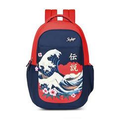 Skybags Kenshi 34L Great Wave Red & Navy Casual Backpack for Boys & Girls with 3 Compartment & Adjustable Shoulder Strap | Quick Access Front Pocket | Rain Cover | Perfect for School & Travel - Unisex