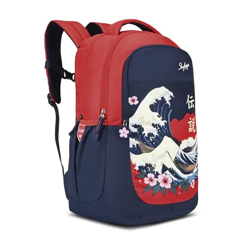 Skybags Kenshi 34L Great Wave Red & Navy Casual Backpack for Boys & Girls with 3 Compartment & Adjustable Shoulder Strap | Quick Access Front Pocket | Rain Cover | Perfect for School & Travel - Unisex