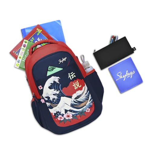 Skybags Kenshi 34L Great Wave Red & Navy Casual Backpack for Boys & Girls with 3 Compartment & Adjustable Shoulder Strap | Quick Access Front Pocket | Rain Cover | Perfect for School & Travel - Unisex