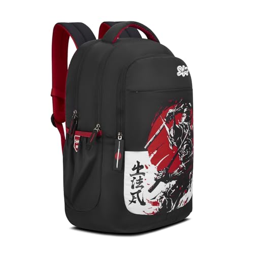 Skybags Kenshi 34L Samurai Black Casual Backpack for Boys & Girls with 3 Compartments & Adjustable Shoulder Strap | Quick Access Front Pocket | Rain Cover | Perfect for School & Travel - Unisex