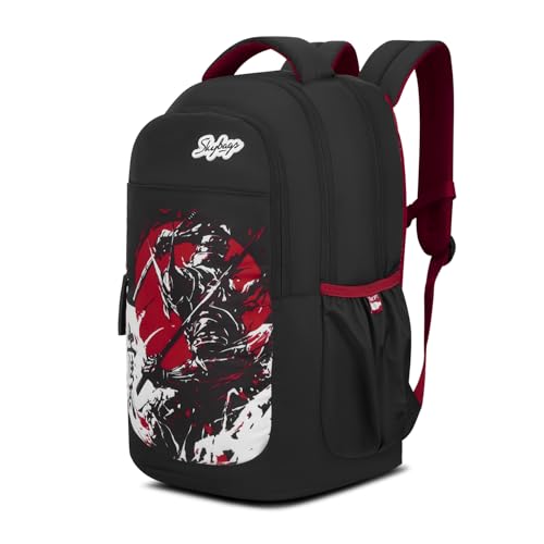 Skybags Kenshi 34L Samurai Black Casual Backpack for Boys & Girls with 3 Compartments & Adjustable Shoulder Strap | Quick Access Front Pocket | Rain Cover | Perfect for School & Travel - Unisex