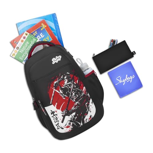 Skybags Kenshi 34L Samurai Black Casual Backpack for Boys & Girls with 3 Compartments & Adjustable Shoulder Strap | Quick Access Front Pocket | Rain Cover | Perfect for School & Travel - Unisex
