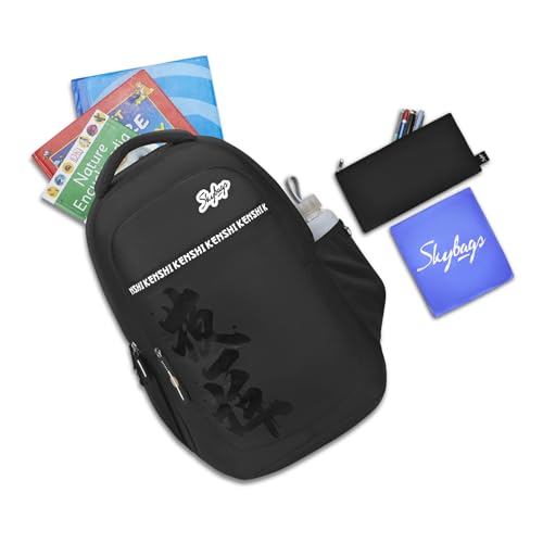 Skybags Kenshi 34L Stealth Black Casual Backpack for Boys & Girls with 3 Compartments & Adjustable Shoulder Strap | Quick Access Front Pocket | Rain Cover | Perfect for School & Travel - Unisex