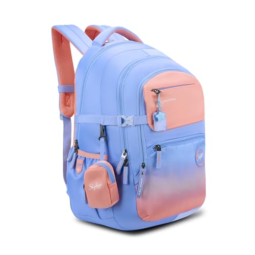 Skybags Riva 37L Blue Casual Backpack for Girls with 3 Compartments & Adjustable Shoulder Strap | 16 Inch Padded Laptop Sleeve | Detachable Happy Pouch & Secret Pocket | Perfect for School & Travel