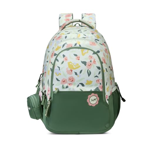 Skybags Stella 37L Green Floral Print Casual Backpack for Girls with 3 Compartments & Adjustable Shoulder Strap | 16 Inch Padded Laptop Sleeve | Detachable Happy Pouch | Perfect for School & Travel