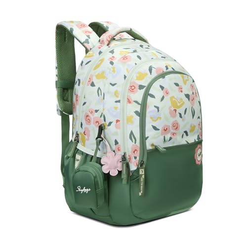 Skybags Stella 37L Green Floral Print Casual Backpack for Girls with 3 Compartments & Adjustable Shoulder Strap | 16 Inch Padded Laptop Sleeve | Detachable Happy Pouch | Perfect for School & Travel