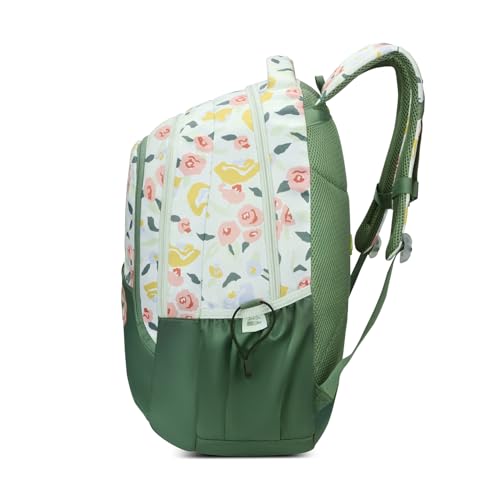 Skybags Stella 37L Green Floral Print Casual Backpack for Girls with 3 Compartments & Adjustable Shoulder Strap | 16 Inch Padded Laptop Sleeve | Detachable Happy Pouch | Perfect for School & Travel