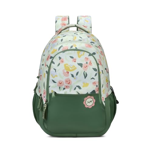 Skybags Stella 37L Green Floral Print Casual Backpack for Girls with 3 Compartments & Adjustable Shoulder Strap | 16 Inch Padded Laptop Sleeve | Detachable Happy Pouch | Perfect for School & Travel
