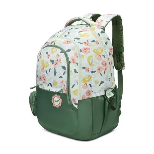 Skybags Stella 37L Green Floral Print Casual Backpack for Girls with 3 Compartments & Adjustable Shoulder Strap | 16 Inch Padded Laptop Sleeve | Detachable Happy Pouch | Perfect for School & Travel