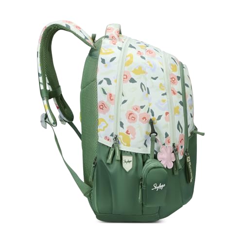 Skybags Stella 37L Green Floral Print Casual Backpack for Girls with 3 Compartments & Adjustable Shoulder Strap | 16 Inch Padded Laptop Sleeve | Detachable Happy Pouch | Perfect for School & Travel