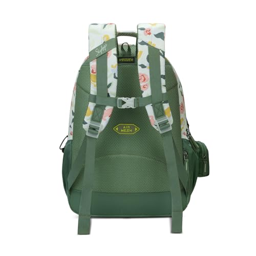 Skybags Stella 37L Green Floral Print Casual Backpack for Girls with 3 Compartments & Adjustable Shoulder Strap | 16 Inch Padded Laptop Sleeve | Detachable Happy Pouch | Perfect for School & Travel