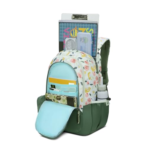 Skybags Stella 37L Green Floral Print Casual Backpack for Girls with 3 Compartments & Adjustable Shoulder Strap | 16 Inch Padded Laptop Sleeve | Detachable Happy Pouch | Perfect for School & Travel