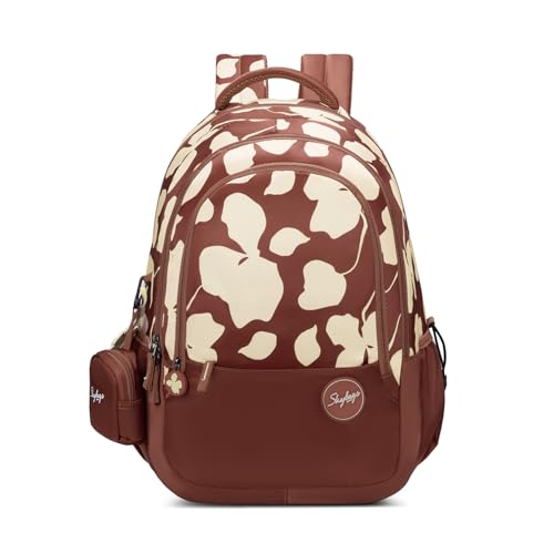 Skybags Stella 37L Brown Floral Print Casual Backpack for Girls with 3 Compartments & Adjustable Shoulder Strap | 16 Inch Padded Laptop Sleeve | Detachable Happy Pouch | Perfect for School & Travel