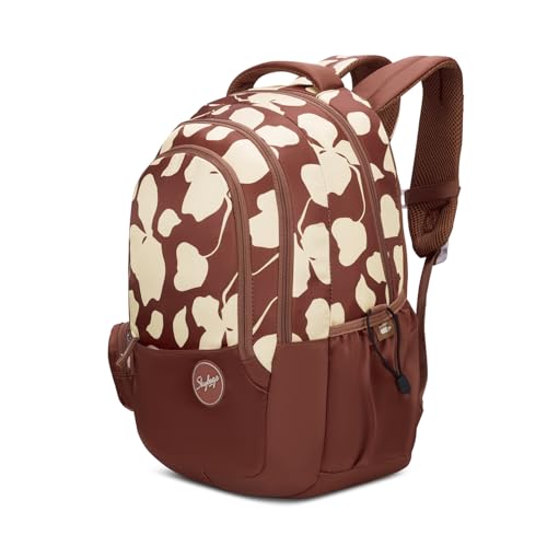 Skybags Stella 37L Brown Floral Print Casual Backpack for Girls with 3 Compartments & Adjustable Shoulder Strap | 16 Inch Padded Laptop Sleeve | Detachable Happy Pouch | Perfect for School & Travel